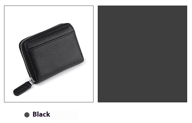 black textured leather rfid leather card wallet with zipper coin pocket shown from the back in sage green.