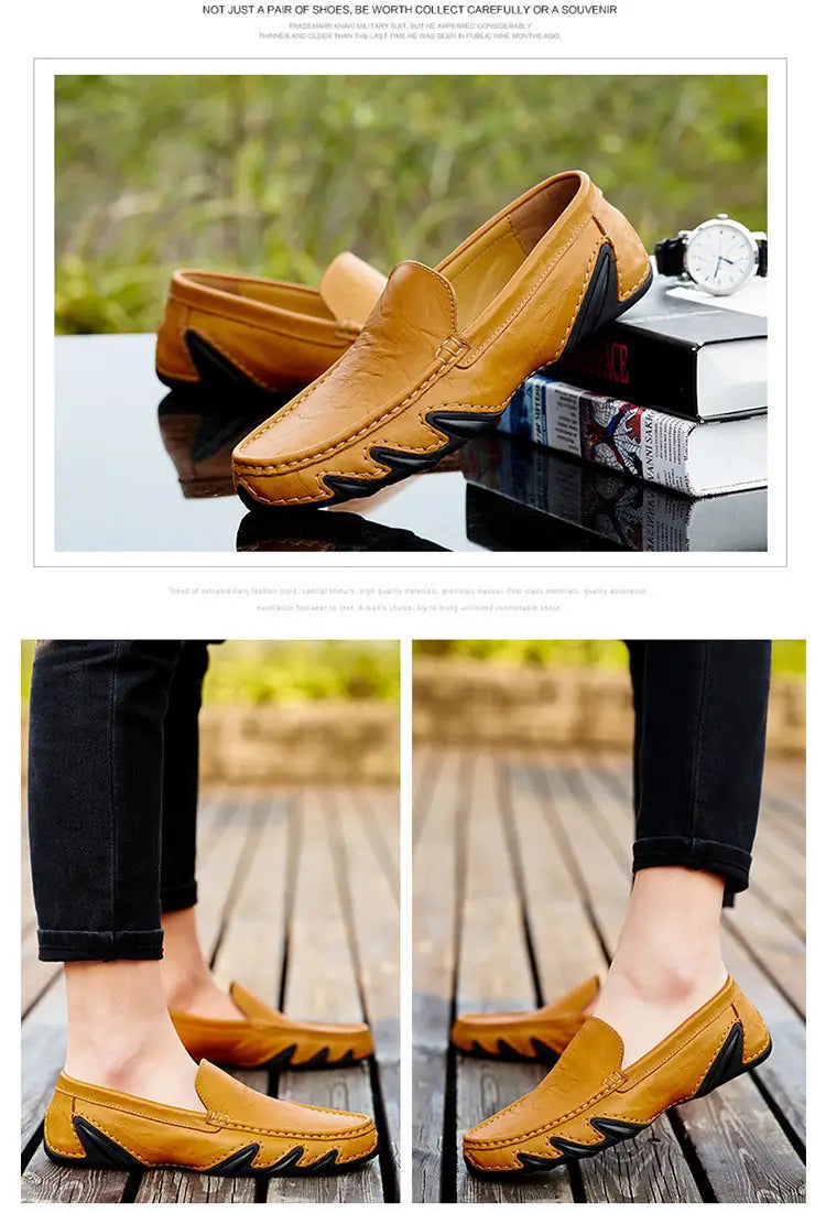 Mocasines de cuero color camel para hombres con suelas de goma negras con patrón zigzag, en un diseño de estilo británico retro.