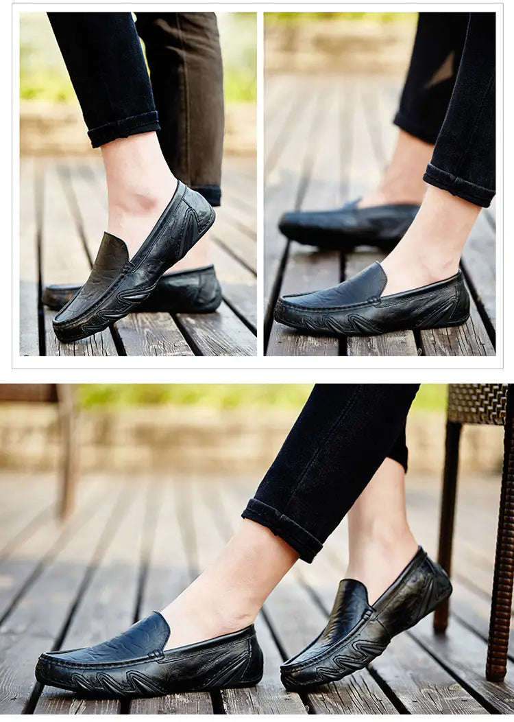 Mocasines de cuero negro para hombres con un patrón texturizado ondulado a lo largo de la suela y la zona de la puntera, en calzado de estilo británico retro.