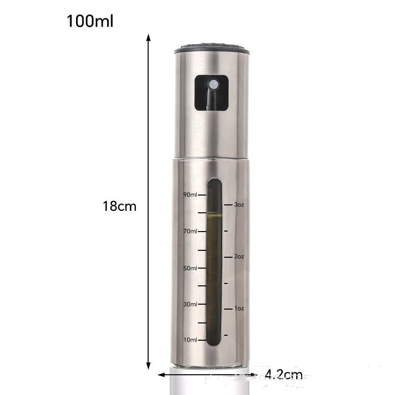 Ölzerstäuber aus Edelstahl mit einem Fassungsvermögen von 100 ml, Messskala und schwarzer Düse.