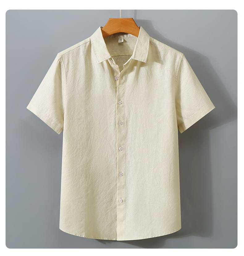 Cream-colored retro slim fit short sleeve linen shirt with a classic collar and subtle texture shown from the front.