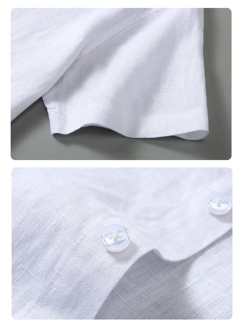 White linen retro slim fit short sleeve shirt with clear button details.