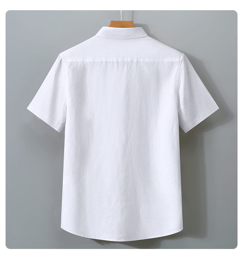 white short-sleeved retro slim fit linen shirt with classic collar and crisp fabric