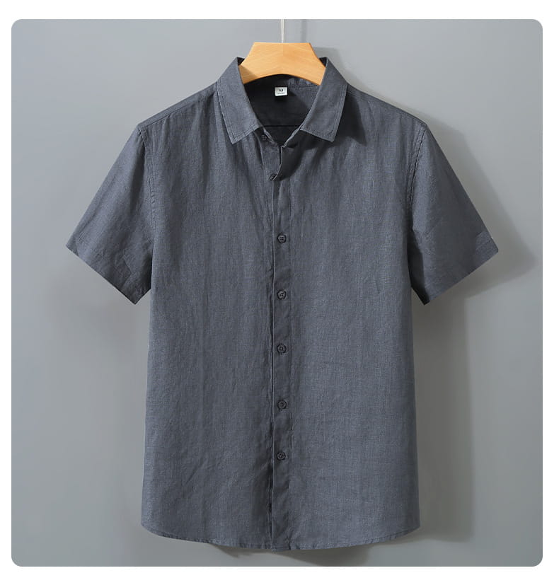Dark gray retro slim fit short sleeve linen shirt with a classic collar and subtle texture.