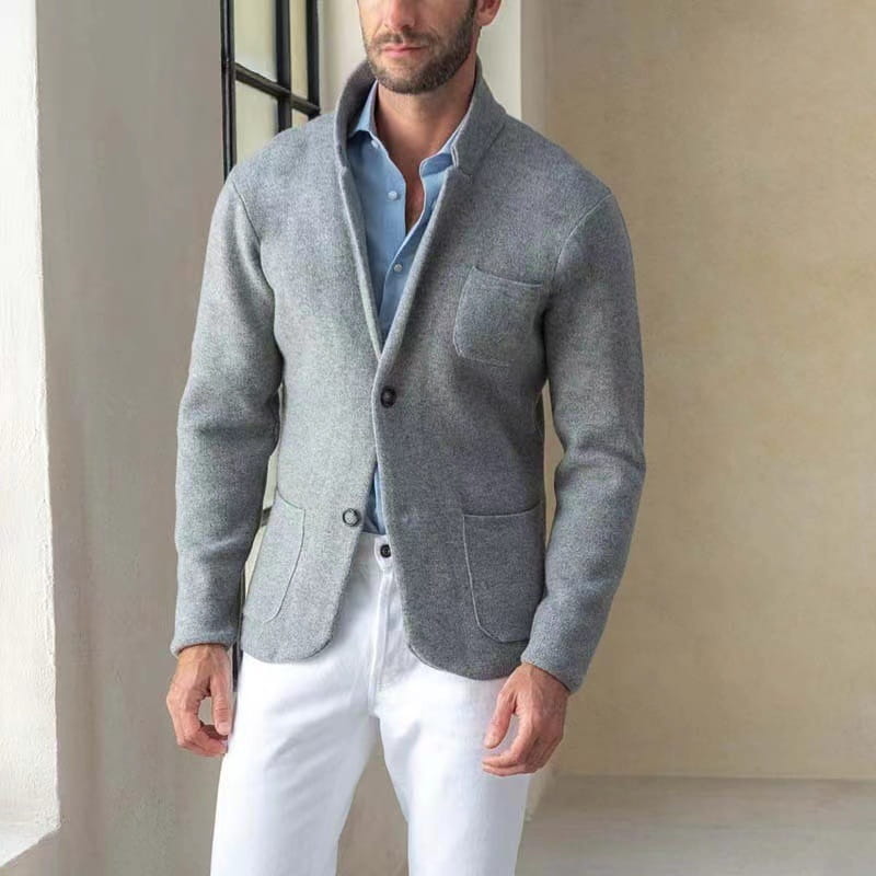 mens wool stand collar slim blazer jacket in gray textured wool with black buttons and two front pockets