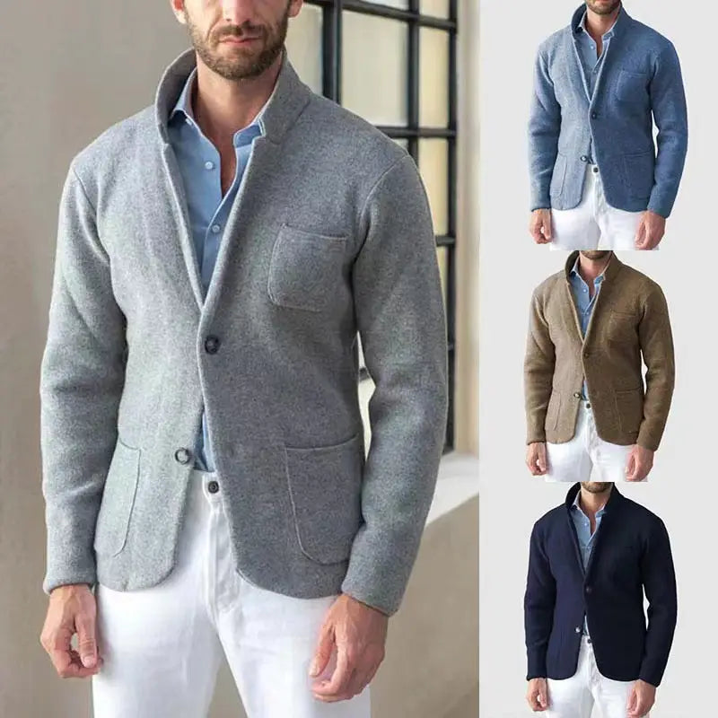 Gray wool-blend mens slim blazer jacket with a stand collar, relaxed fit, and two front pockets.