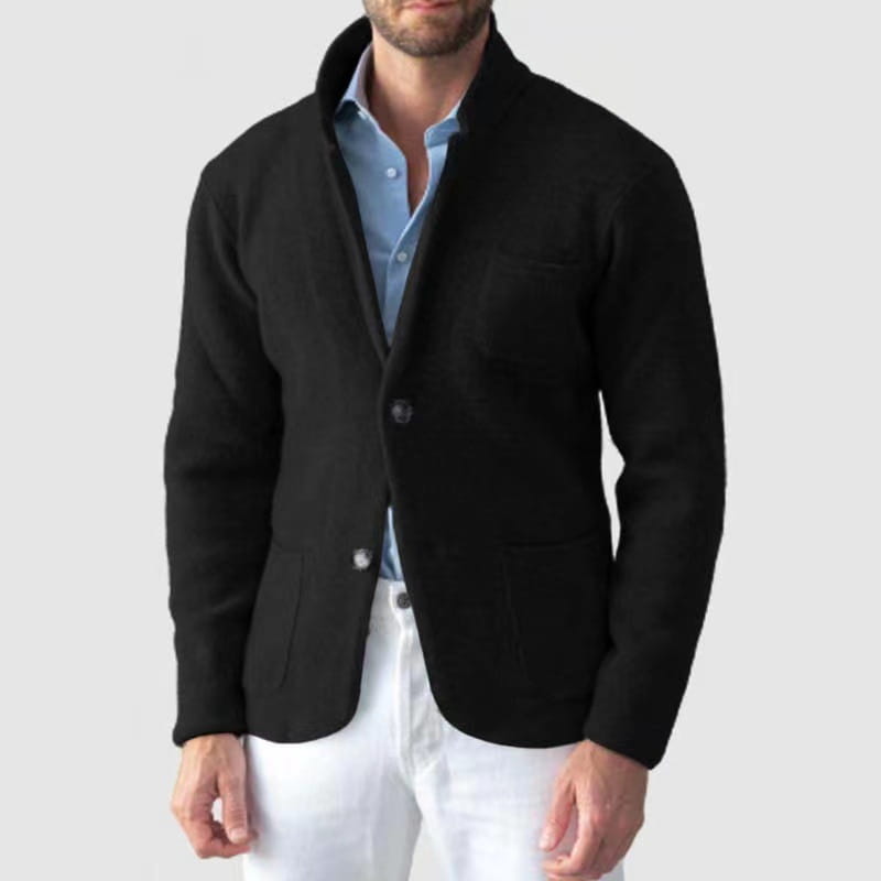 Black wool-blend mens blazer jacket with notched collar and two front buttons designed for a slim fit.