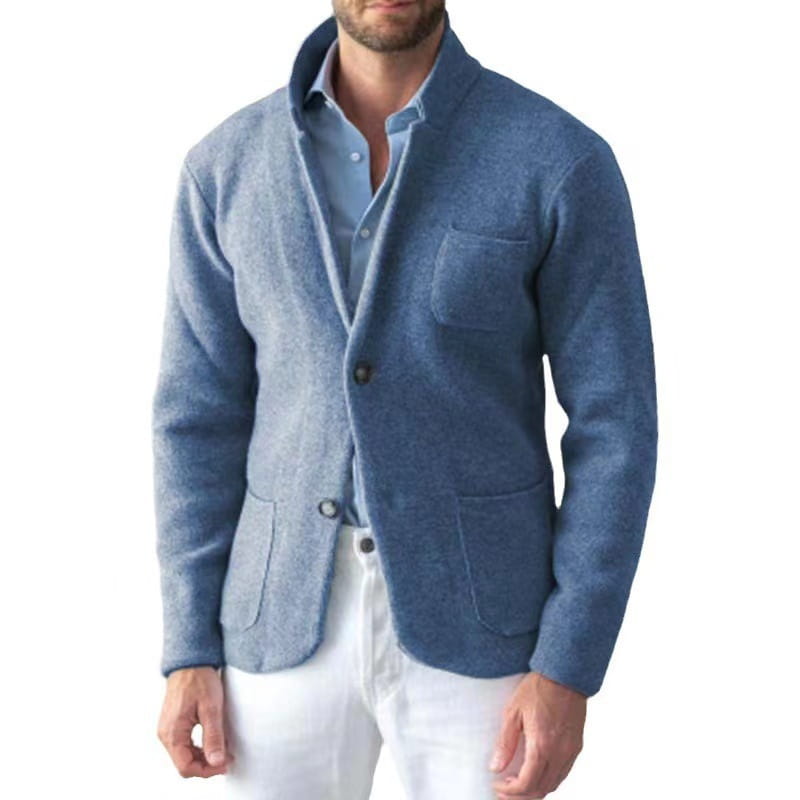 mens wool stand collar slim blazer jacket featuring a textured blue wool fabric with a single-breasted design and two front pockets