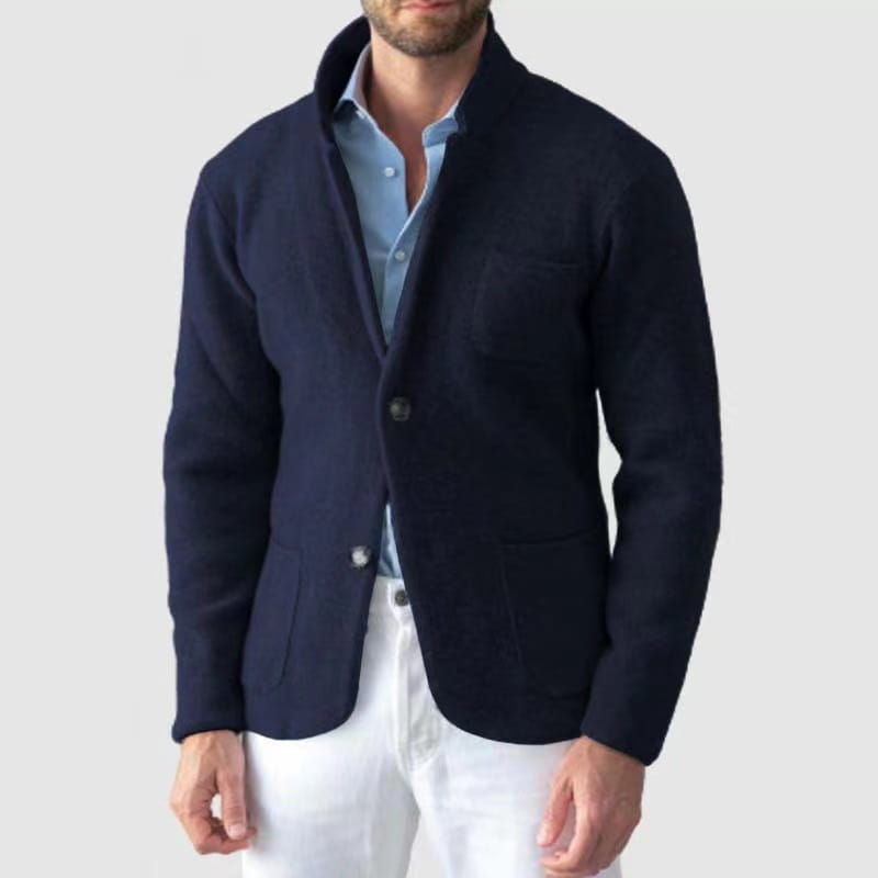 Navy blue linen-blend mens wool stand collar slim blazer jacket with two front buttons and a stand-up collar.