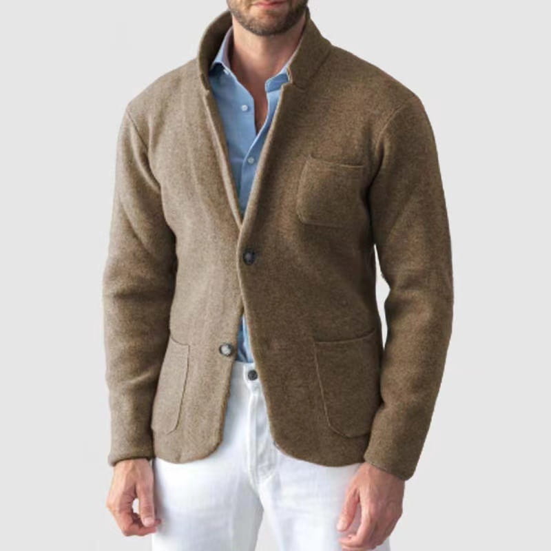 mens wool stand collar slim blazer jacket in brown textured wool with a stand-up collar and two front pockets.