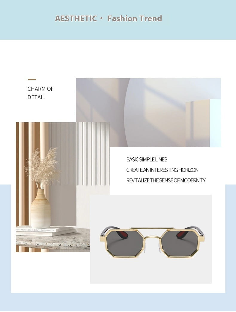 Gafas de sol tipo steampunk con montura metálica octogonal en tono dorado y lentes oscuras grises UV400 para uso en moda.