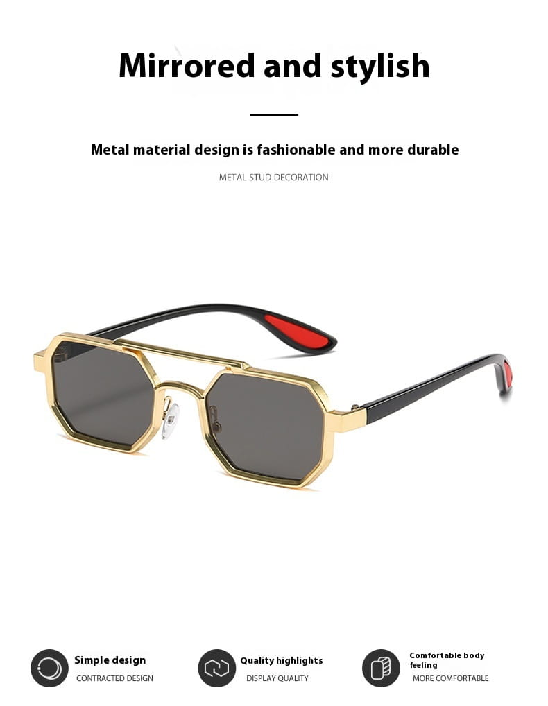 Gafas de sol steampunk de metal octogonales UV400 para moda en tono dorado, con varillas negras y acentos rojos en las sienes.
