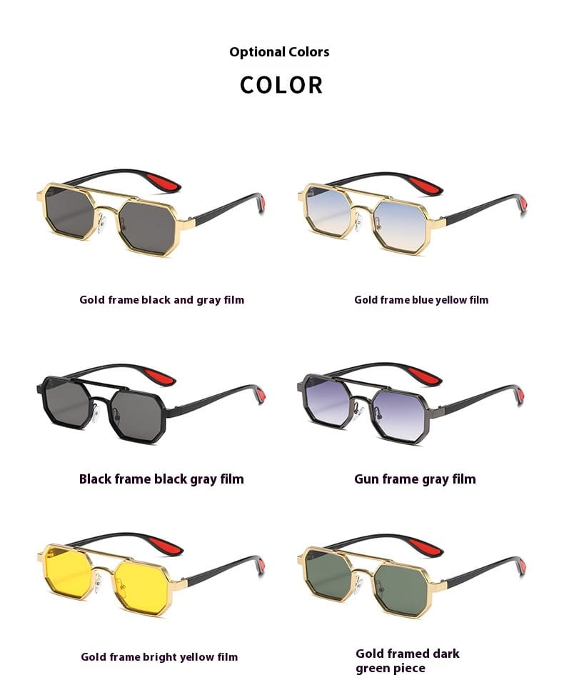 Gafas de sol steampunk UV400 para moda de metal octogonal en dorado y negro, con puntas de sienes rojas y lentes tintadas con degradado o sólidas en varios colores.
