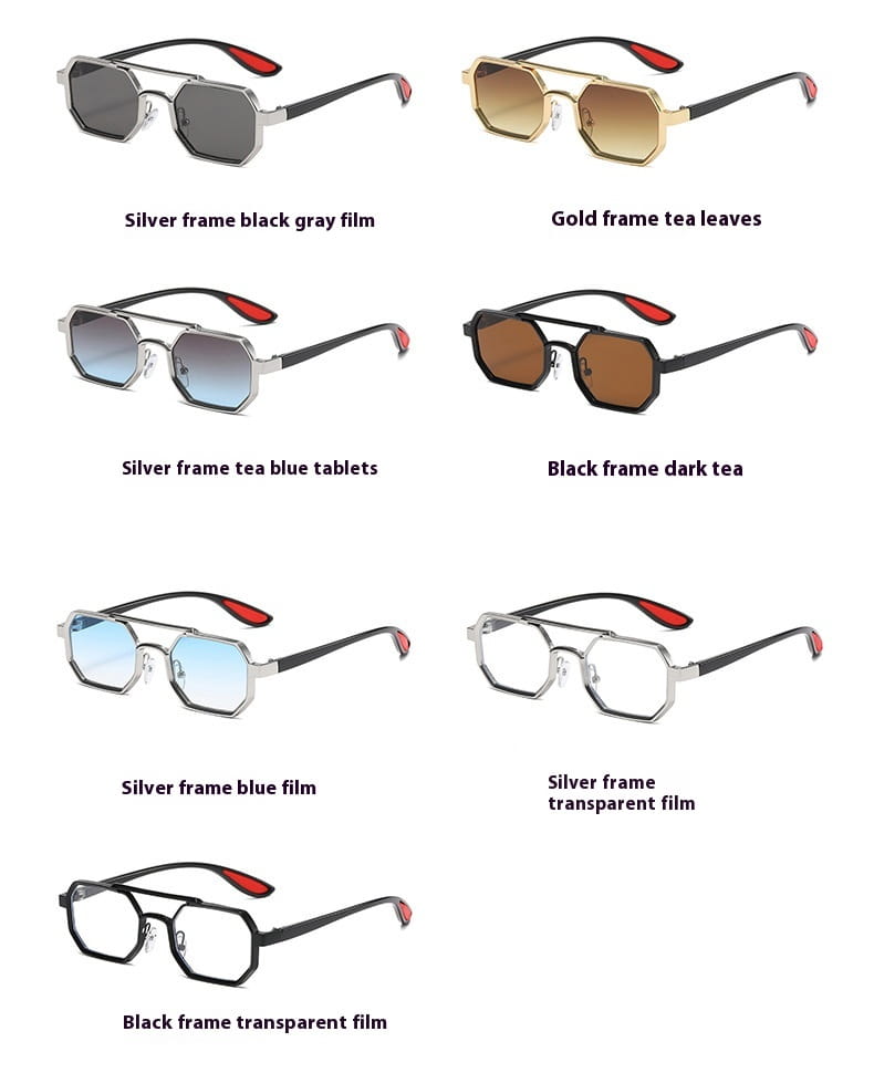 Gafas de sol steampunk de metal octogonales UV400 para moda con monturas plateadas y de tono dorado, lentes con degradado tintado y puntas de sienes con acentos rojos.