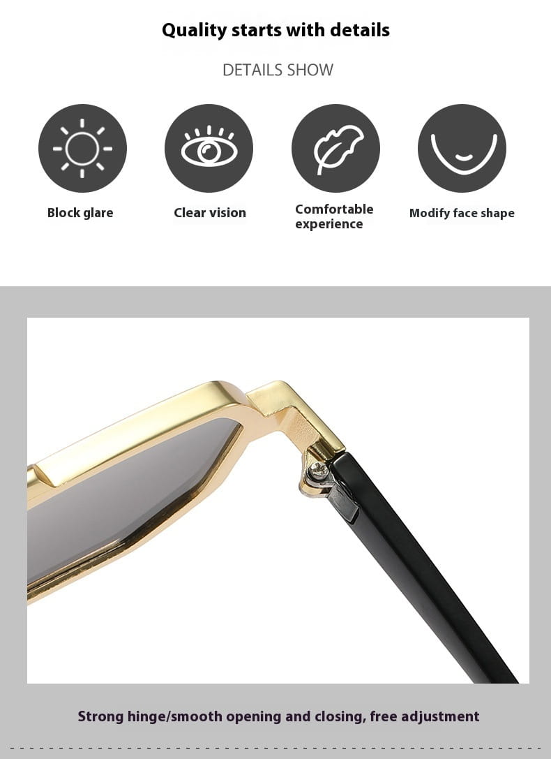 Gafas de sol steampunk de metal octogonales UV400 para moda con monturas rectangulares en tono dorado, varillas de las patillas negras y lentes oscuras.