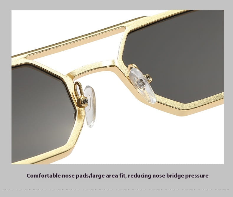 Gafas de sol steampunk UV400 para moda de metal octogonal en tono dorado, con lentes rectangulares grises oscuras y almohadillas nasales transparentes.
