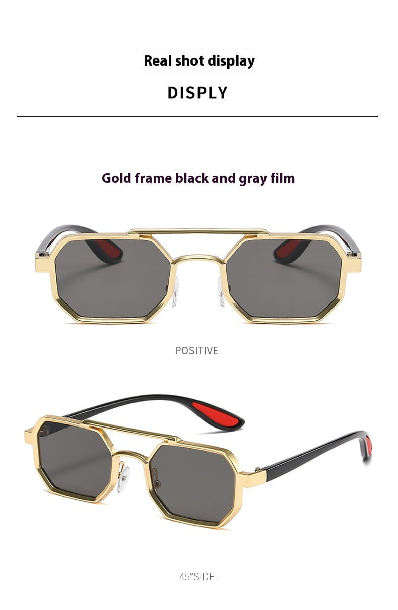 Gafas de sol steampunk UV400 para moda de metal octogonal con montura dorada, lentes con degradado negro y gris y detalles rojos en las puntas de las sienes.