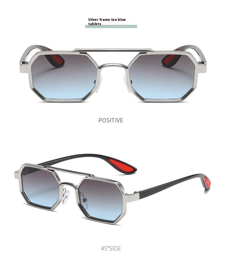 Gafas de sol steampunk octogonales con montura plateada, lentes con degradado azul y puntas de las sienes con acentos rojos, con protección UV400.