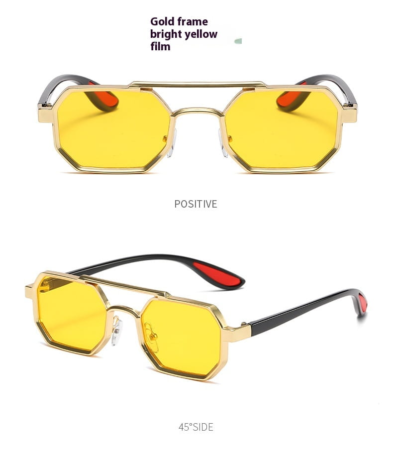 Gafas de sol steampunk octogonales UV400 para moda con monturas doradas, lentes color amarillo brillante y varillas negras con puntas rojas.