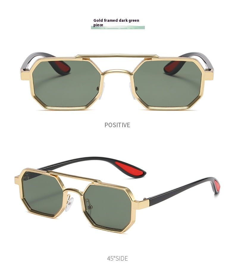 Gafas de sol steampunk octogonales UV400 para moda con monturas doradas, lentes verde oscuro y varillas negras con puntas rojas.