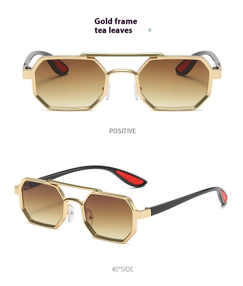 Gafas de sol steampunk octogonales UV400 para moda con montura dorada y puntas de las sienes con acento rojo.