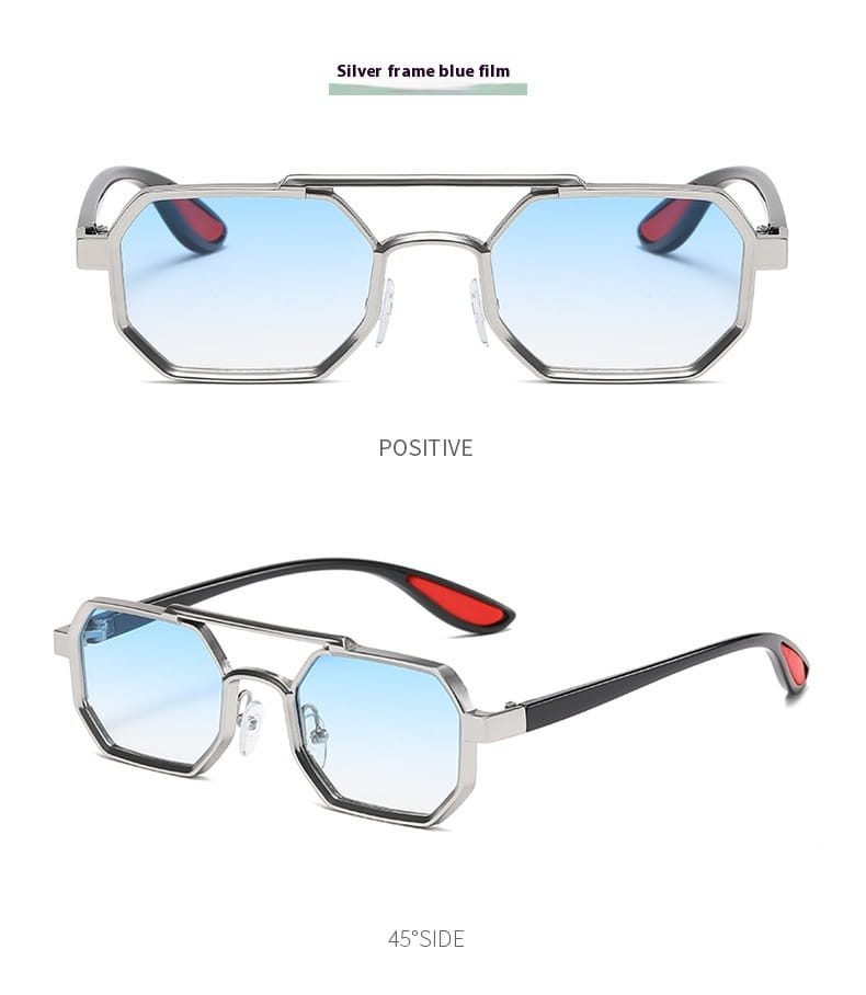 Gafas de sol steampunk octogonales UV400 para moda con monturas plateadas, lentes tipo aviador con degradado azul y puntas de las sienes con acentos rojos.