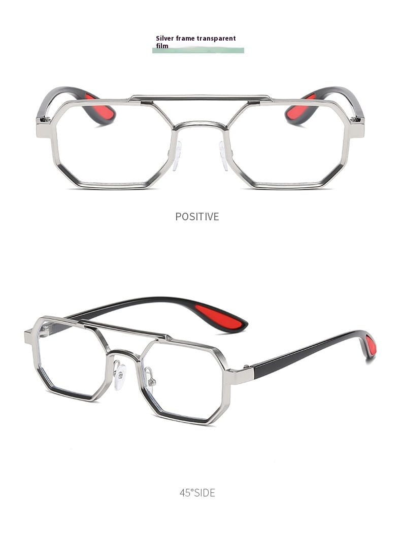 Gafas de sol steampunk UV400 para moda de metal octogonal con monturas plateadas, lentes transparentes y varillas negras con puntas rojas acentuadas.