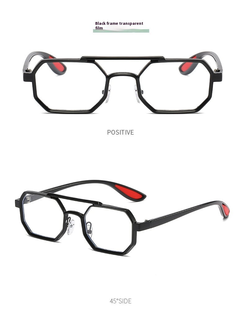 Gafas de sol steampunk UV400 para moda de metal octogonal negras con acentos rojos en las sienes.