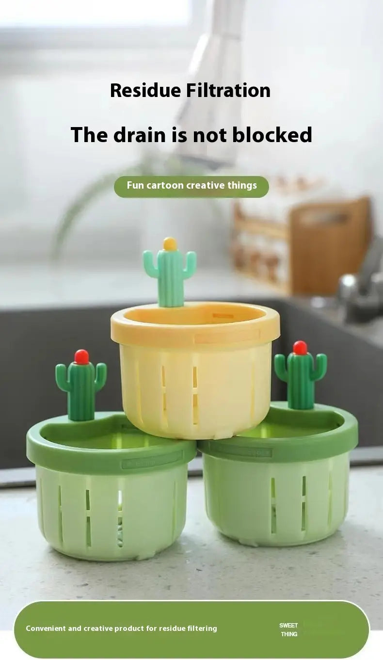 Set of three colorful plastic cactus sink drain strainer basket filter nets in green yellow and light green with perforated sides for kitchen use.