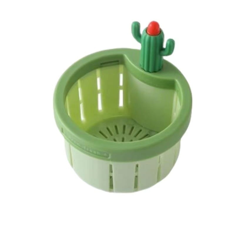 green plastic cactus-themed mop bucket with a red-topped cactus figurine on the rim designed as a cactus sink drain strainer basket filter net
