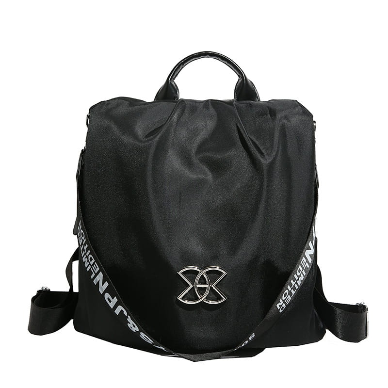 black nylon waterproof large capacity travel backpack with pu leather trim featuring silver metallic logo and white text straps.