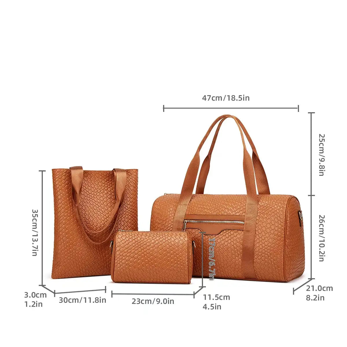 Ensemble de voyage trois pièces en faux cuir beige, avec un motif texturé façon peau de serpent, conçu pour les voyages d'affaires et l’usage à la salle de sport