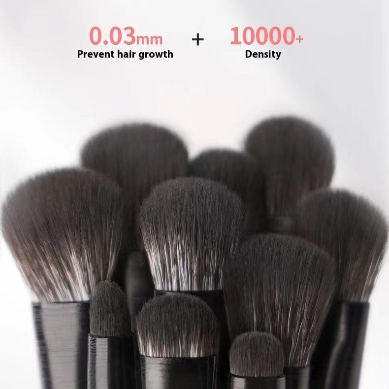 Set of ten black-handled matte eye makeup brushes with dense dark bristles designed for precise application.