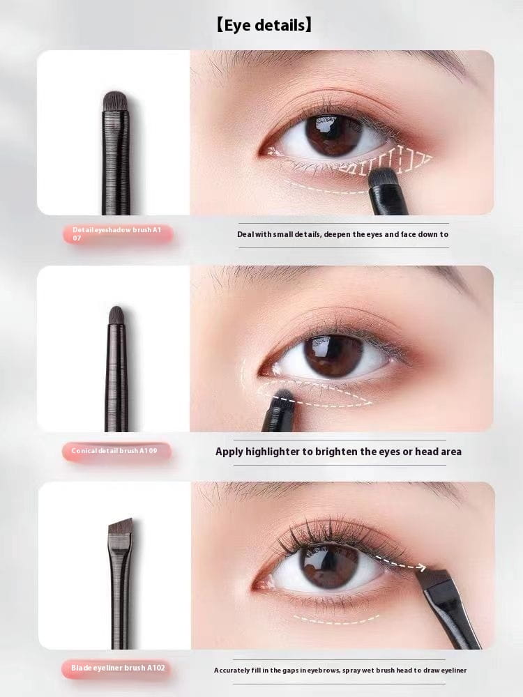 Black eye makeup brush set 10 piece matte tools featuring black sleek cylindrical handles and varying tip shapes for precise eye detailing.