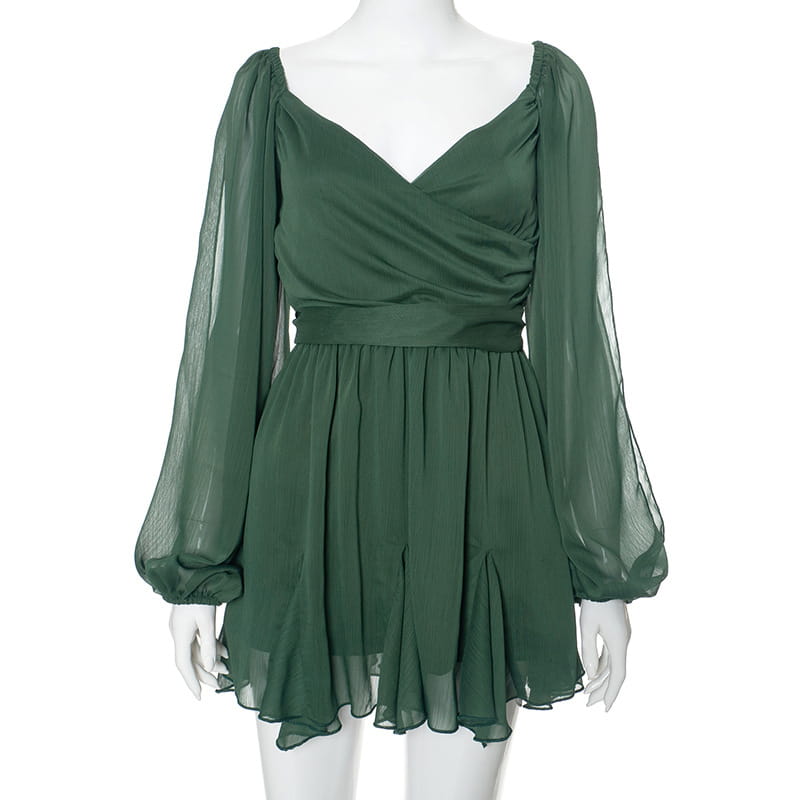 A deep green ruched chiffon mini dress with long sheer puff sleeves and a cinched waist.