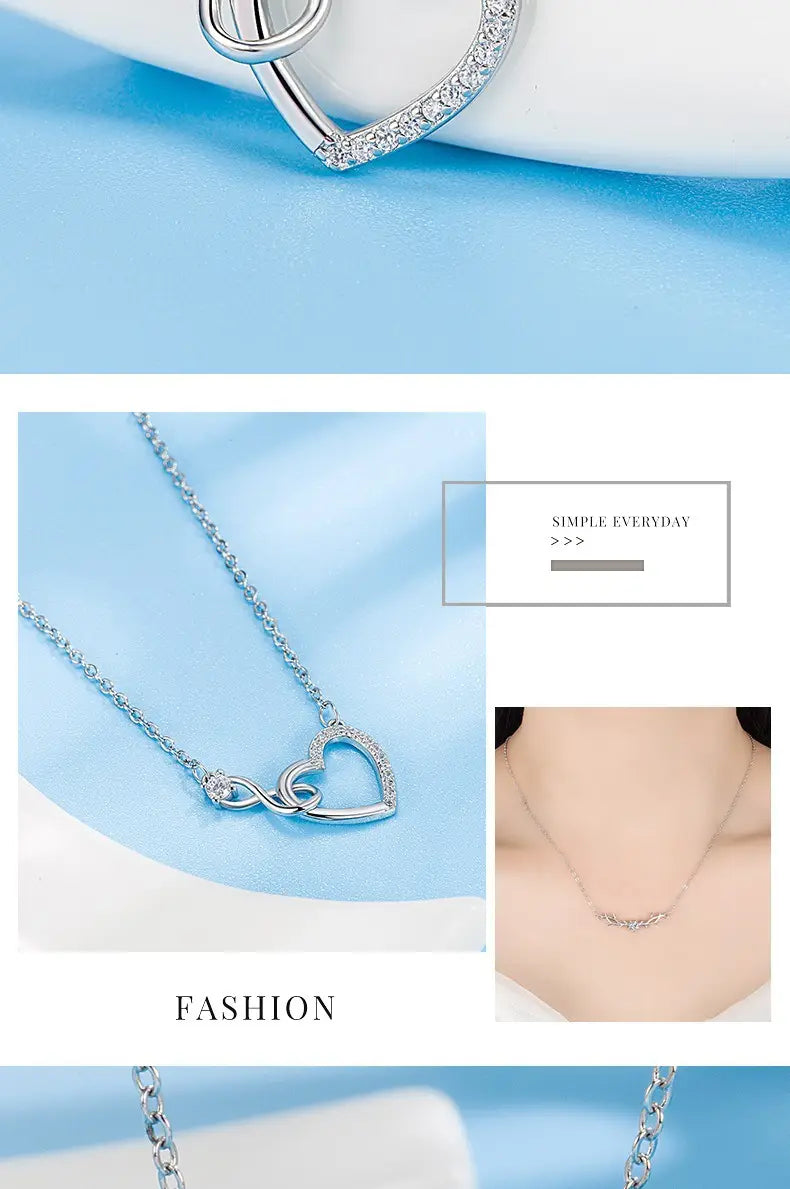 A delicate 925 sterling silver heart-shaped pendant necklace featuring a sparkling diamond outline and an infinity symbol design.