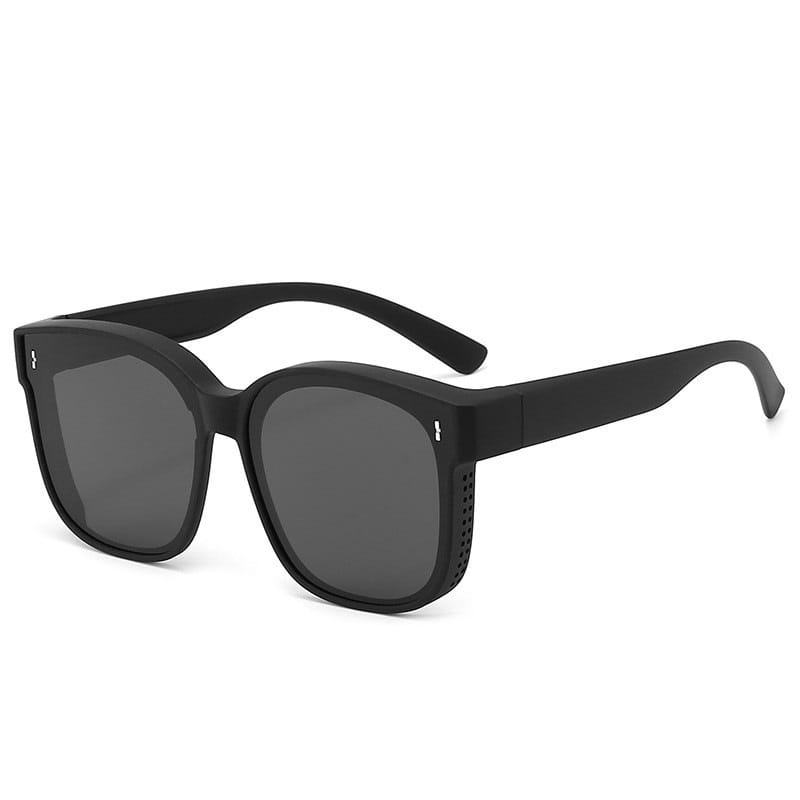 Black square-framed polarized anti glare driving sunglasses with dark gray lenses and perforated side details.