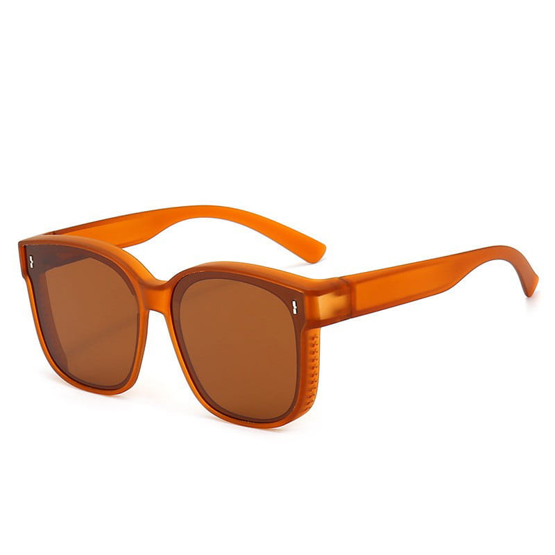 Orange-tinted square-framed polarized anti glare driving sunglasses with brown gradient lenses and textured temple details.