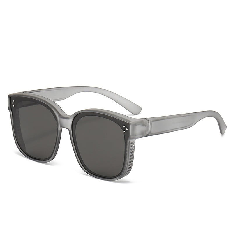 Gray translucent square-framed polarized anti glare driving sunglasses with dark gray lenses and a textured pattern along the temple.
