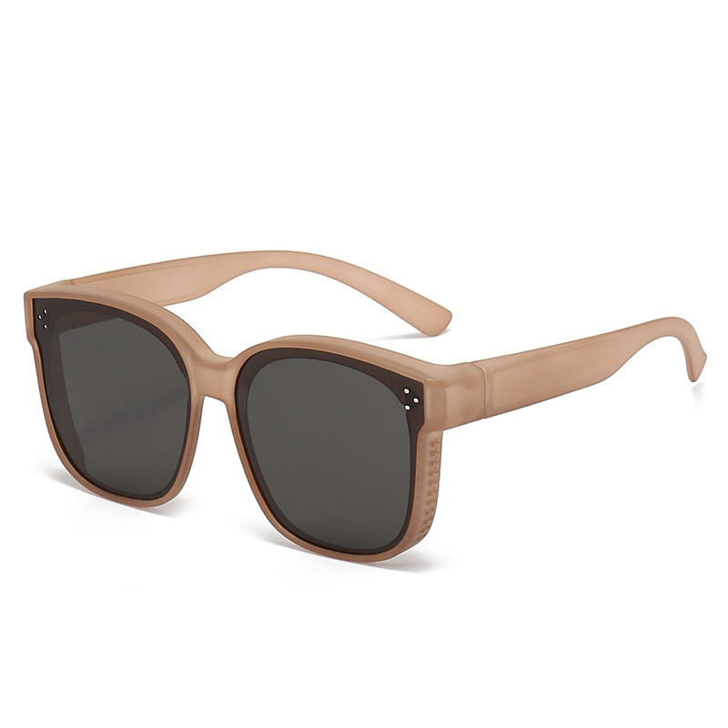 Beige-framed polarized square anti glare driving sunglasses with dark gray lenses and subtle textured detailing on the temples.