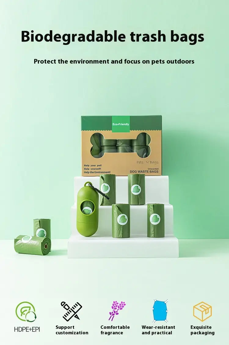 biodegradable dog waste bags in green with an eco friendly design packaged in a bone shaped box featuring a convenient clip for pet garbage disposal.