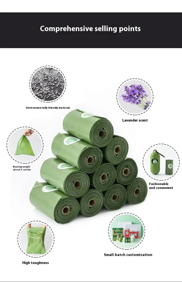 Biodegradable dog waste bags in green are rollable plastic bags with a lavender scent made from eco friendly material for pet garbage disposal.
