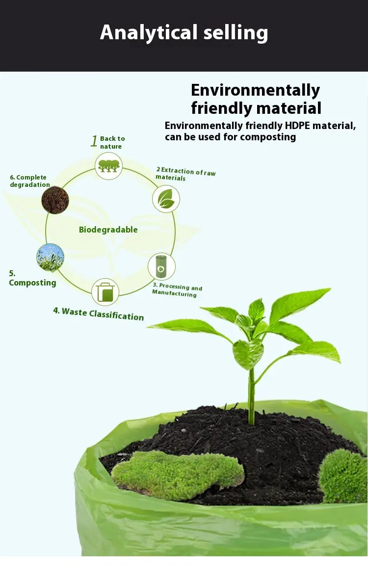 green hdpe biodegradable dog waste bag containing soil and a young plant with vibrant green leaves for eco friendly pet garbage disposal.