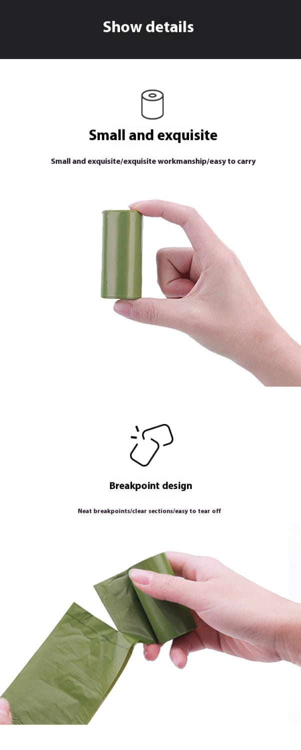 Olive green compact roll of biodegradable dog waste bags with a tear-off design for easy use and eco friendly pet garbage disposal.
