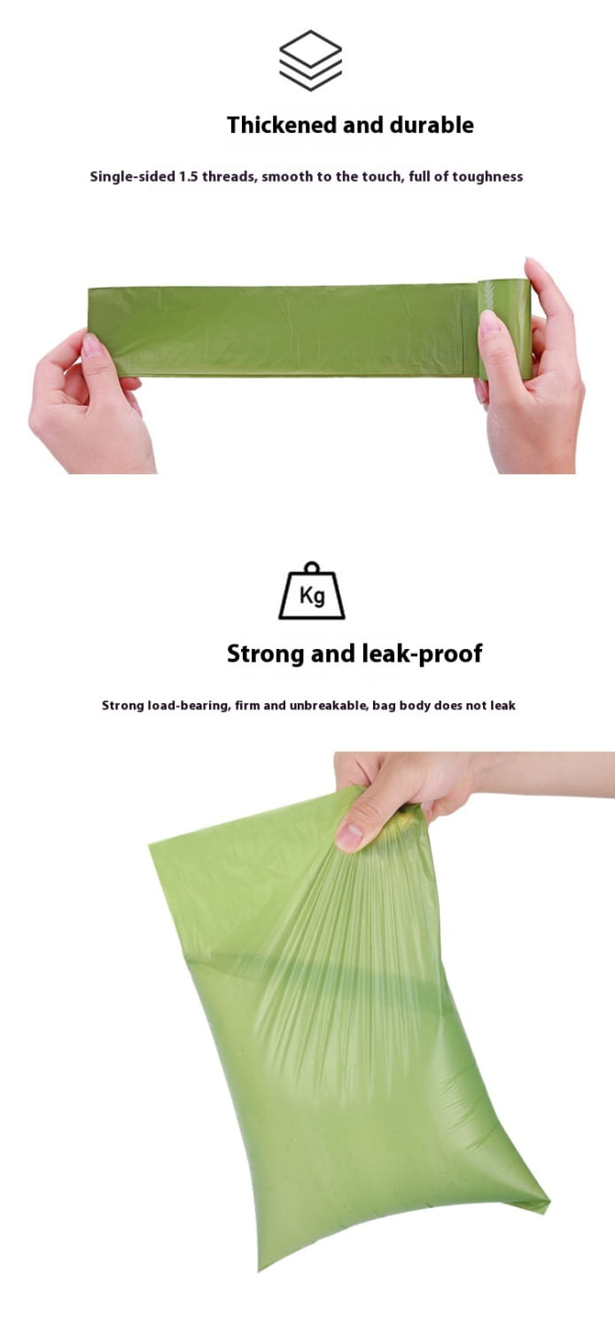 Green thickened biodegradable dog waste bag with smooth texture and reinforced seams for eco friendly pet garbage disposal.