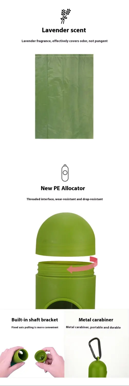 green plastic biodegradable dog waste disposal container with metal carabiner attachment for eco friendly pet garbage bags