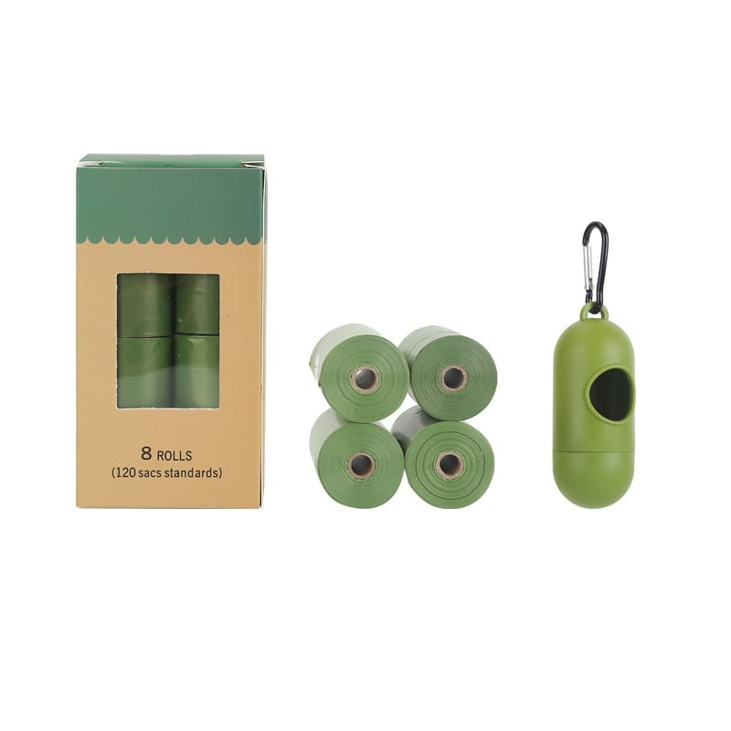 Green biodegradable dog waste bags with eight rolls in a box and an olive green carrying case for eco friendly pet garbage disposal