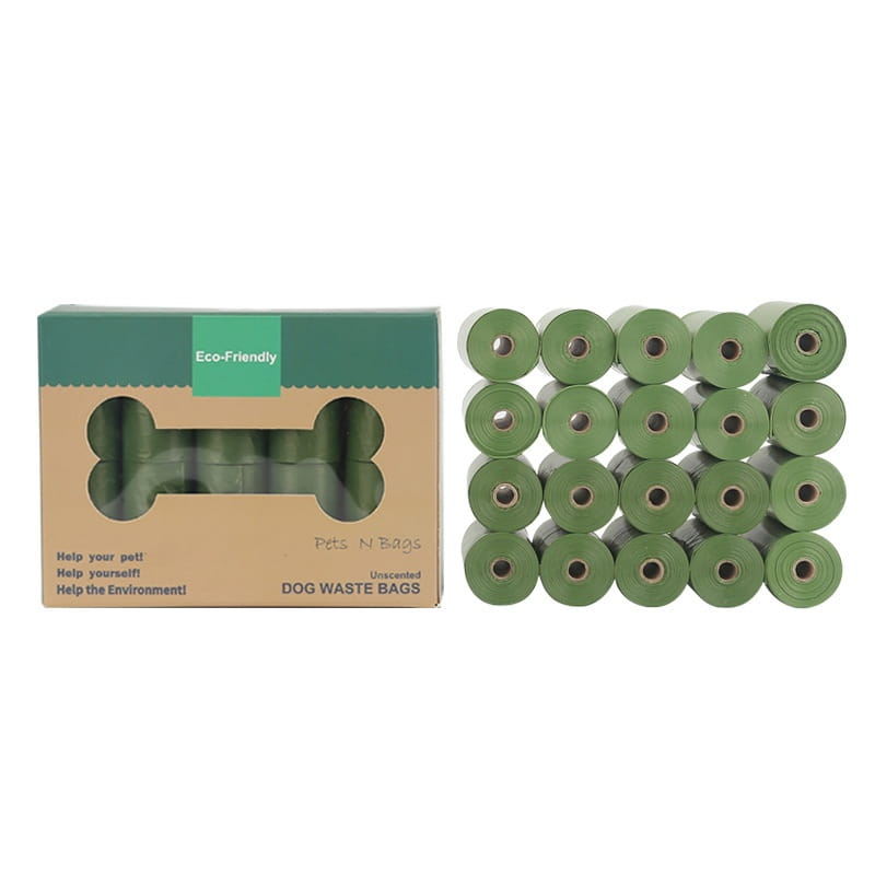 Green roll of unscented biodegradable dog waste bags in a bone-shaped cardboard box designed as eco friendly pet garbage bags.