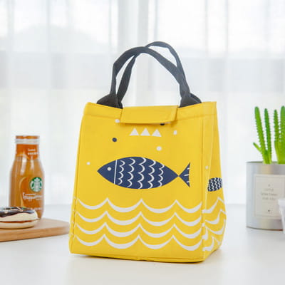 Mini cartoon oxford insulated picnic handbag in yellow with navy fish and white wave pattern featuring black handles.