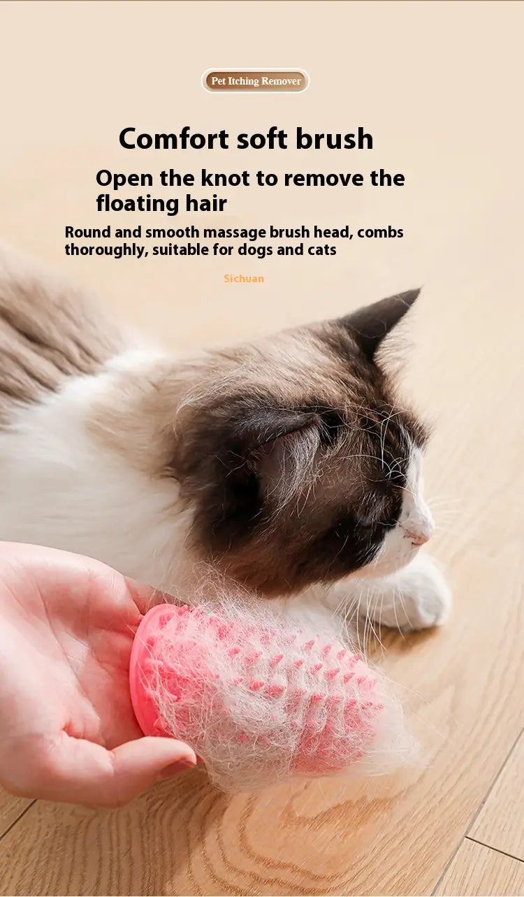Rosa Silikon-Katzenmassagekamm mit abgerundeten, weichen Borsten, ausgelegt für sanfte Selbstpflege und zur Entfernung von Juckreiz bei Hunden und Katzen.